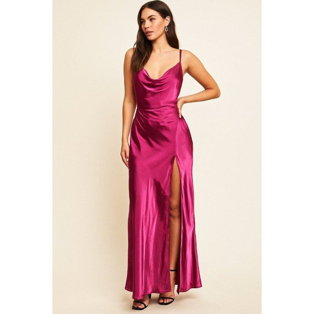 Lioness “Miami Vice” Fuchsia Satin Cowl Neck Slip Dress – Size XXL NWT
